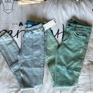 Blue and Green Denim Jeans